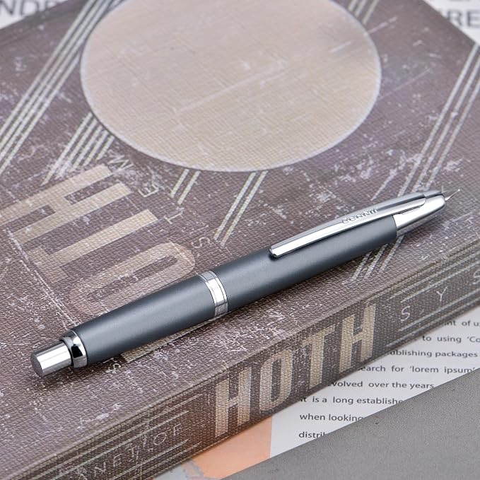 Jinhao 10 Press Fountain Pen with Box, Metal Gray Retractable Medium Nib with Ink Converter Set (Silver Clip)