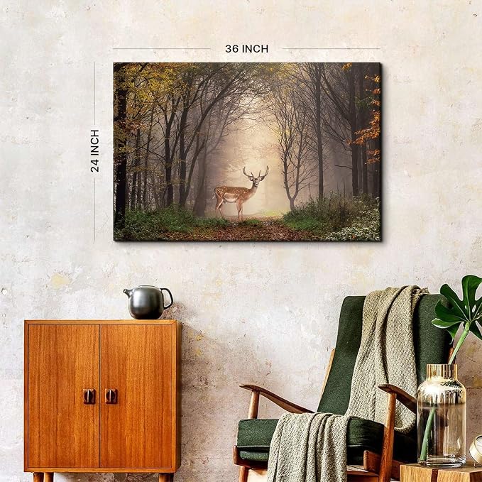 Wild Animal Landscape Canvas Wall Art Deer in Autumn Foggy Forest Picture Wall Decor Elk Wildlife Scenery Photo Prints Painting Decoration for Modern Living Room Bedroom Bathroom Home Art 24x36 Inch