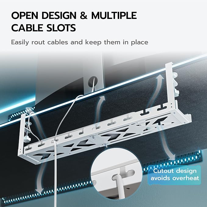 ARES WING 17"-28.7" Extendable Under Desk Cable Management Tray, No-Drill | Clamp-on Metal Cord Organizer with Cable Slots, Holds up to 11 lbs Desk Storage for Office and Gaming Accessories, White