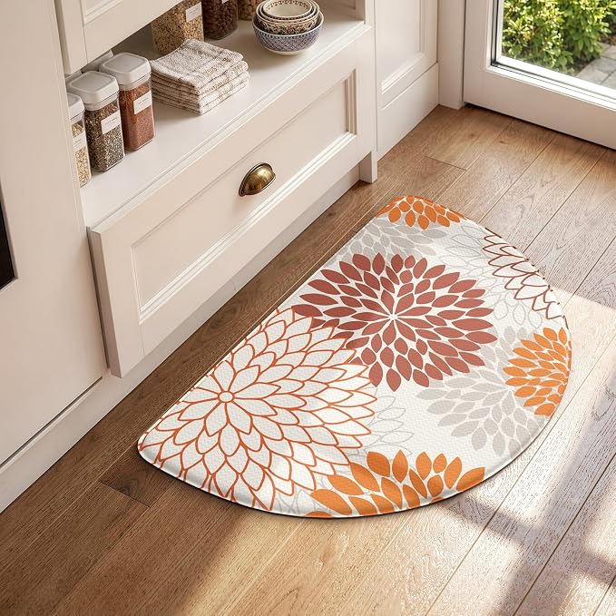 KIMODE Half Circle Fall Kitchen Mats for Floor Cushioned Anti Fatigue Rug | 18" x 28", Dahlia Floral,Fall Kitchen Rug Non Slip,Waterproof Kitchen Carpet Decor Standing Mat for Sink Laundry Bathroom