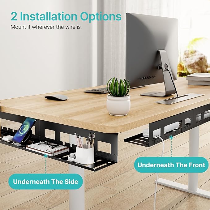 Under Desk Cable Management Tray, 31.5'' Screw-Mount Steel Rack | Metal Cord Organizer for Power Strips, Chargers, Reversible Installation, Effortless Wire Management for Home Office, Black