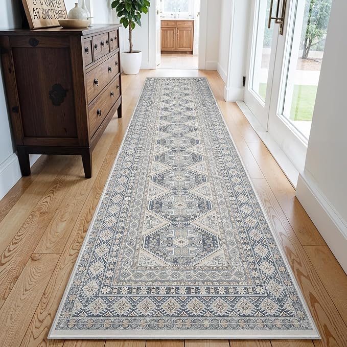 3x14 Runner Rug Kitchen Washable:Oriental Indoor Hallway Runners with Non Slip Backing Floor Mat for Entryway Door Low Pile Thin Carpet for Bedroom Bathroom Living Room Bedside (Blue, 3x14)