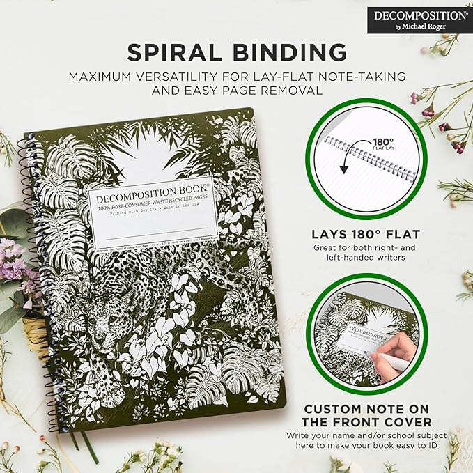Decomposition Jaguar College Ruled Spiral Notebook - 9.75 x 7.5 Journal with 160 Lined Pages - 100% Recycled Paper - Cute Notebooks for School Supplies, Home & Office - Made in USA