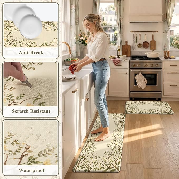 KIMODE Anti Fatigue Kitchen Mats for Floor 17"x47"+17"x29", Farmhouse Leaf Kitchen Rugs Sets of 2, Cushioned Kitchen Floor Mats, Buttercream Laundry Room Rugs for Sink Desk Kitchen Decor Bedroom