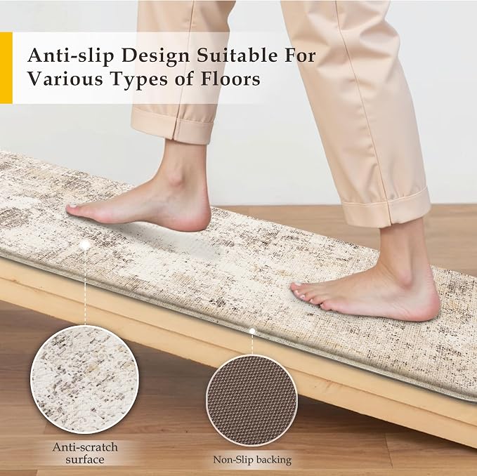 Kitchen Mats for Floor Set of 2 Thick Anti Fatigue Waterproof Kitchen Rug Beige Grey Abstract Cushioned Non-Slip Comfort Standing Mat for Sink Laundry Office 17.3"×47"+17.3"×30"
