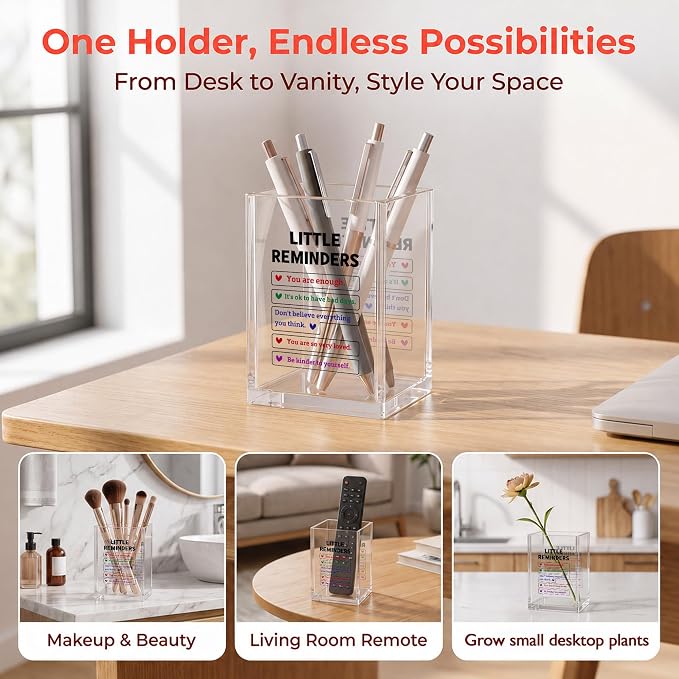 Inspirational Office Acrylic Cosmetic Pen Pencil Holder Cup, Little Reminders Pencil Organizer, You are Enough Positive Desk Decor Accessories, Motivational Gifts for Women Men Employee（A29）
