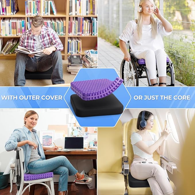 TushGuard Gel Seat Cushion for Long Sitting, Enlarged & Thickened Patent Design, Breathable Cooling for Office Chair, Soft Car Seat Cushion for Wheelchair (2" Thick, Black)