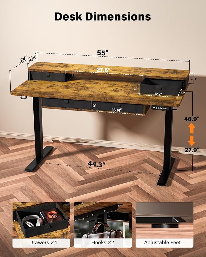 FiCiHi 55x24 Inch Electric Standing Desk, 4 Drawers, Adjustable Height Desk | Sit Stand Computer Desks, C-Clamp Compatible Home Office Desk with Monitor Stand, Cable Management, 3 Preset Heights