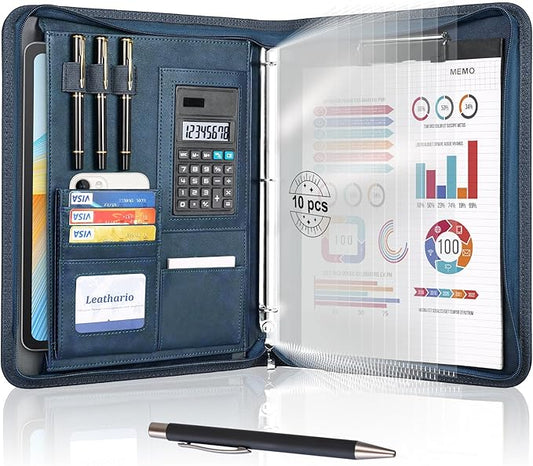 Leathario Portfolio Binder, 3-Ring Folder Organizer, Includes 5 Sheet Protectors and a Pen, Vegan Leather A4 Padfolio for Tablets, Business Conferences Professional Document Organizer