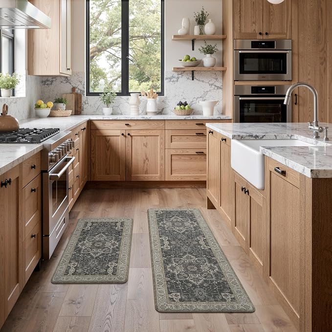 GENIMO Kitchen Mats for Floor 2PCs, Washable Anti Fatigue Mat for Cushioned, 17.3"x47"+17.3"x30", Waterproof Kitchen Rugs, Non Slip Comfort Standing Mat Rug for Home, Sink, Laundry, Midnight Gold