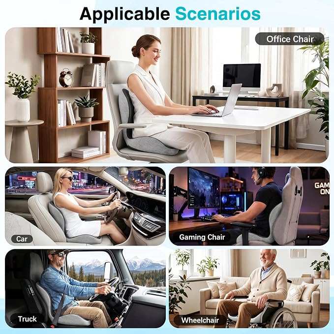 Seat Cushion for Office Chair and Car, L-Shaped Memory Foam Truck Driver Seat Cushion, Ergonomic Sciatica & Tailbone Pain Relief Cushion with Non-Slip Breathable Cover, Back Support for Office Chair