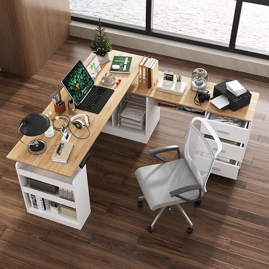 MOUMON L Shaped Standing Desk with Drawers and Shelves, Executive Adjustable Height Desk, L-Shaped Design, 63 inch Tabletop, for Office Oak and White (63”W x 63”D x 28.9-45.3”H)