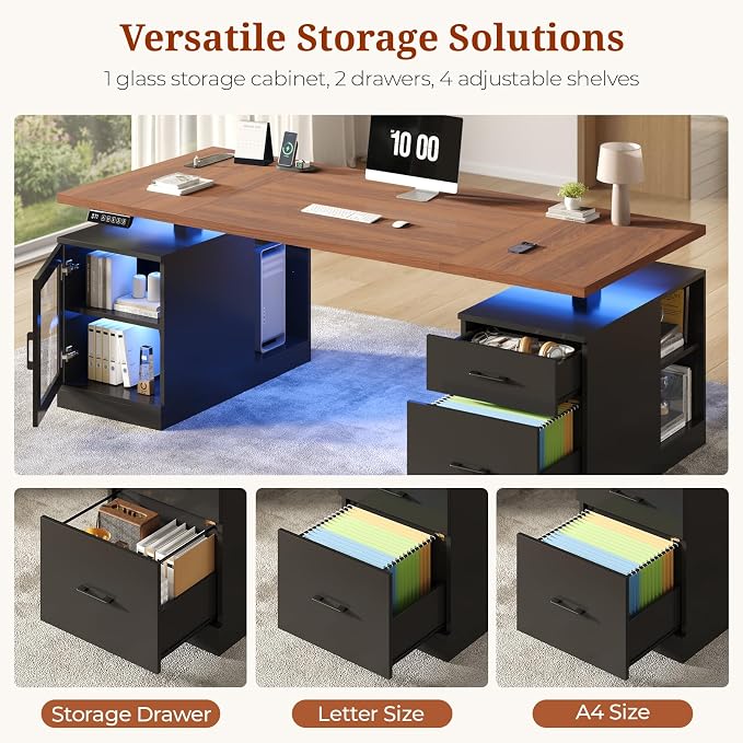 UPOSOJA 71 in Executive Standing Desk, Electric Height Adjustable Desk with Storage Drawers, Glass Cabinet, Shelves, Power Outlet, LED Light, Wood Sit Stand up Computer Desks for Home Office (Black)