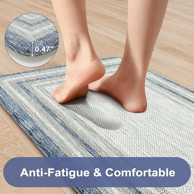 KIMODE Anti Fatigue Kitchen Mats 2PCS, Non-Slip Waterproof Kitchen Rugs, Cushioned Kitchen Mat for Floor, Comfort Standing Mat for Sink, Laundry, Office, Desk Blue and Grey 20"x47"+20"x32"
