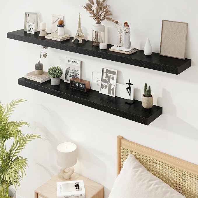Marsmiles 55in Floating Shelves for Wall, 55" W x 9.25" D x 1.5" H, Long Wall Mounted Engineered Wood Shelves with Invisible Brackets for Living Room, Bedroom, Bathroom, Kitchen, Black, 2Pcs
