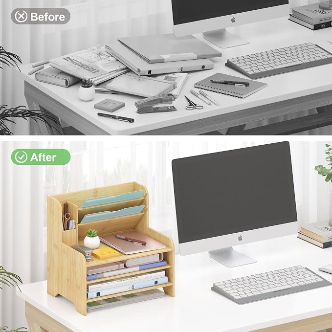 Bamboo File Organizer for Desk, Desktop Paper Tray and Mail Holder | Three open tiers keep A4/letter paper, folders, bills and mail sorted, visible and easy to reach while saving desk space