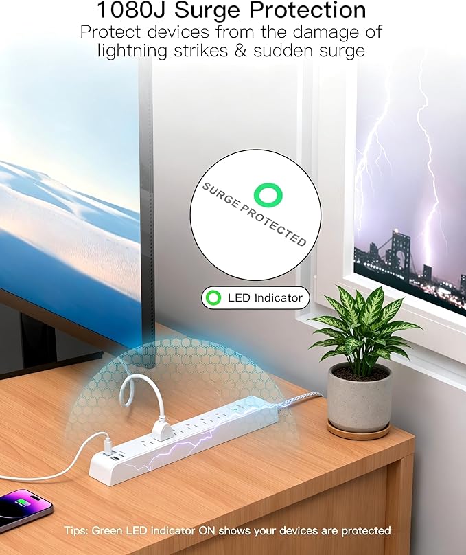 Flat Plug Extension Cord, Surge Protector Power Strip 15FT, 10-in-1 with 6 AC Outlets 4 USB Ports(2 USB-C), Extension Cord with Multiple Outlets, Wall Mountable, 1080J Surge Protection, White