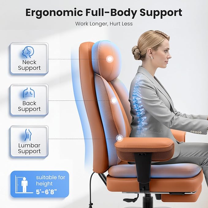 BestGlory Big and Tall Office Chair with Lumbar Support, Executive Leather Computer Desk Chair, Heavy Duty Comfortable Gaming Chair with Double Layer Cushion & Footrest for Home Office Gaming