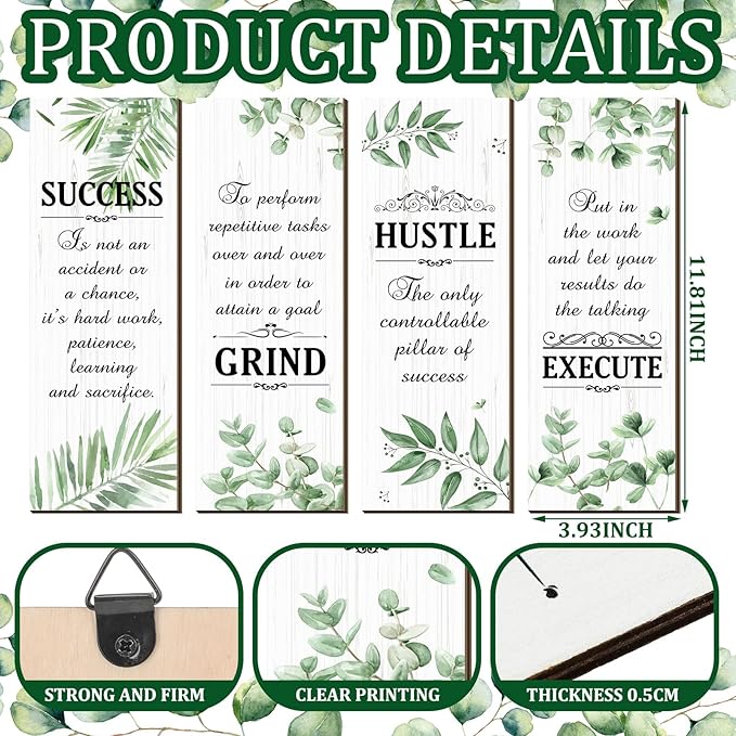 Honoson 4 Pcs Inspirational Office Wall Decor Motivational Rustic Wall Art Inspirational Hanging Wooden Plaques Sayings Motivational Quote Signs for Office Bedroom Living Room