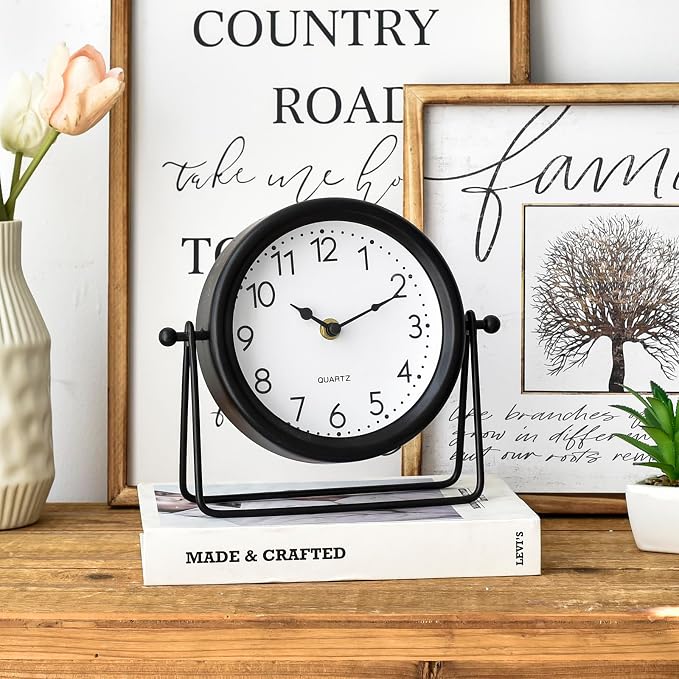 EMAX HOME Vintage Black Table Clock - Decorative Battery Operated Desk Clock with Stand, Silent Non-Ticking for Living Room Shelf Decor, 8.6 x 7.8 Inches