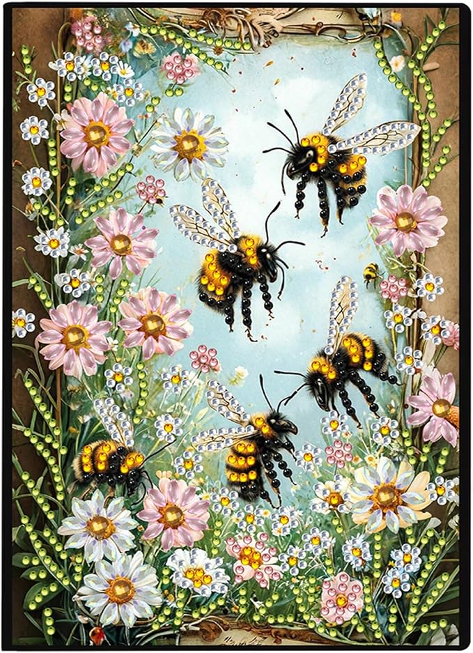 FRANDEK Diamond Art Painting Notebook Kit for Adults, Bee Flowers A5 PU DIY Journal with 50 Blank Pages, Crystal Rhinestone Beginner Craft Set with Full Tools, Gifts For Back To School Students