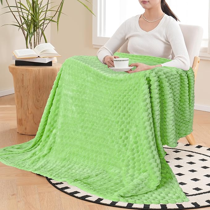 Vessia Flannel Fleece Throw Blanket(50x70 inch), 3D Jacquard Light Green Fuzzy and Warm Blanket for Couch,Sofa,Bed, 300GSM Super Soft Touch Cozy Lightweight Throw for All-Season Home Decor