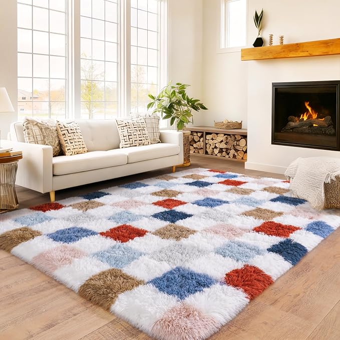 Checkered Rug 4x6 for Bedroom, Ultra Fluffy Shag Area Rugs for Living Room, Upgrade Anti-Skid High Pile Soft Rug Fuzzy Carpet for Living Room Kids Room Nursery, Dorm Home Decor, Red and Blue Colorful