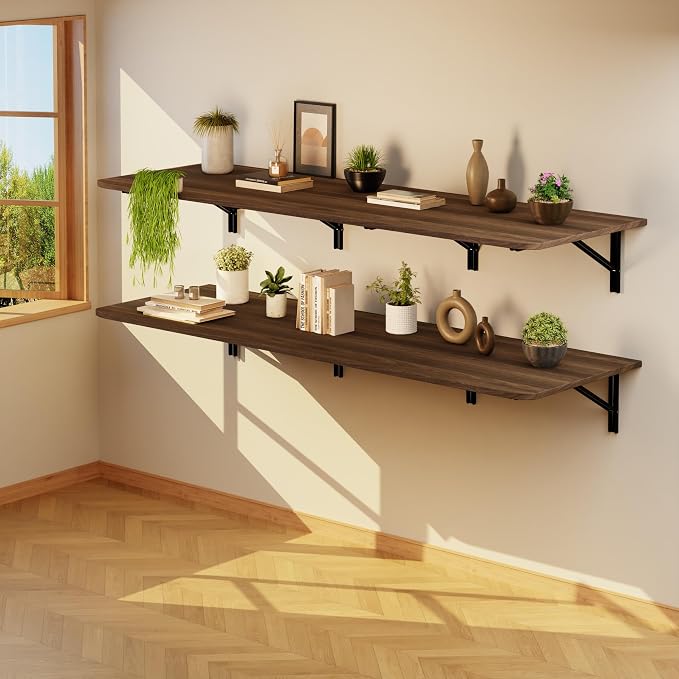IAE Wall Mounted Floating Foldable Desk 72" x 22" Folding Computer Workstation Table with Engineered Wood and Metal Shelf Brackets,Fold&Floating Design for Home Office, Apartment,Laundry Room,Walnut