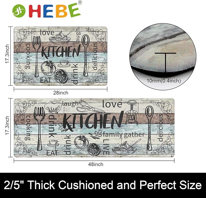 HEBE Kitchen Rugs Set of 2, Cushioned Anti Fatigue Kitchen Mats for Floor, Non Slip Waterproof Comfort Standing Desk Mat Carpet for Sink, Stove, Laundry Room