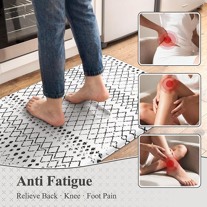 KIMODE Kitchen Runner Rug,17.3" x 59" Anti Fatigue Kitchen Mats for Floor Cushioned,Non-Slip Waterproof Comfort Thick Kitchen Floor Standing Mat for Front Sink,Laundry Room,Black and White
