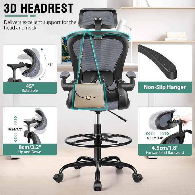 AtHope Drafting Chair, Tall Office Chair with 3D Lumbar & Head Support | Ergonomic Mesh Standing Desk Chair with Footrest Ring, Comfy Extended High Desk Chair with Flip-Up Arms & Hanger, Dark Gray