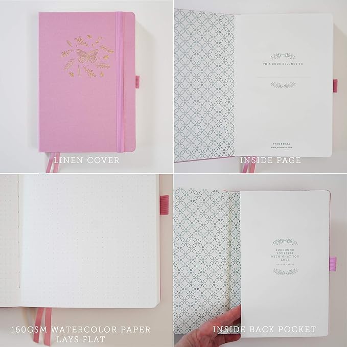Primrosia A5 Dot Grid Watercolor Journal Notebook – 160 pages I 160gsm Premium Heavy Paper, No Bleed – Luxe Linen Hard Cover (Pink Butterfly)