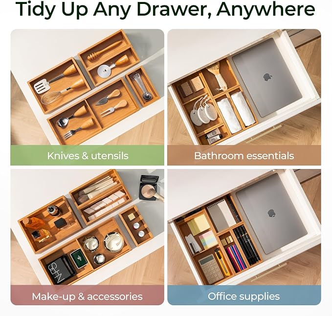 keechee 5-Piece Bamboo Drawer Organizer Set, 2.2" Deep Multi-Use Organizers for Utensils, Silverware, Cutlery, Desk, Bathroom, Junk Drawer & Makeup, Non-Slip Feet Included.