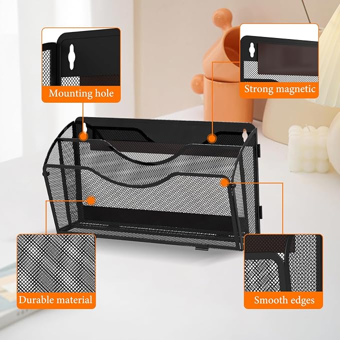 Magnetic File Holder 2 Tier Magnetic File Folder Organizer Folding, Office Hanging Magazine Rack for File Cabinets, Magnetic Paper Holder, No Drilling Mail Organizer for Refrigerator, Office