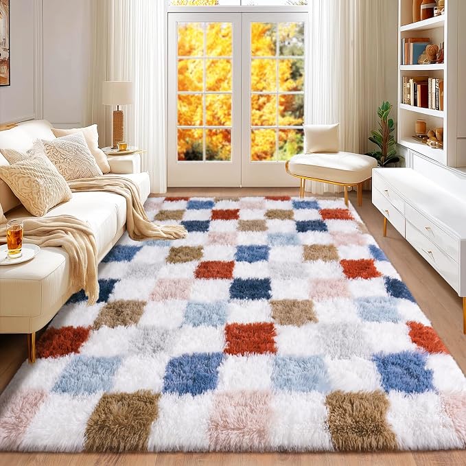 Checkered Rug 4x6 for Bedroom, Ultra Fluffy Shag Area Rugs for Living Room, Upgrade Anti-Skid High Pile Soft Rug Fuzzy Carpet for Living Room Kids Room Nursery, Dorm Home Decor, Red and Blue Colorful