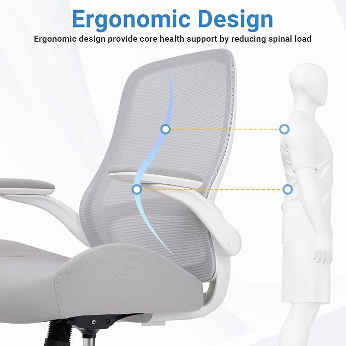 HYLONE Office Chair Ergonomic Desk Chair with Flip up Armrests, 5" Thickened Seat Computer Chair with Mesh Back Home Office Computer Chairs for Long Hours Mesh Executive Chair(White Base & Grey)