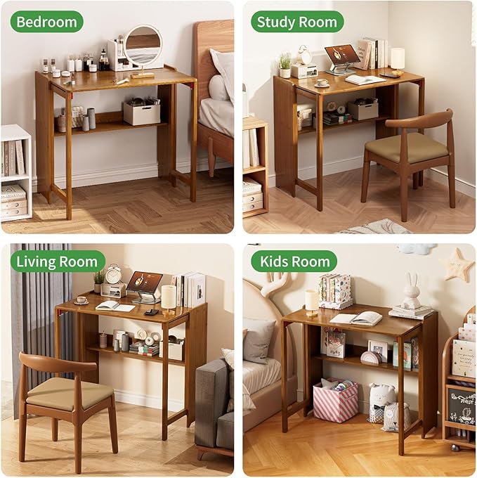 Bamboo Foldable Desk, Folding Desks for Small Spaces, Mid Century Small Computer Desk with Bookshelf for Bedroom Home Office, Brown