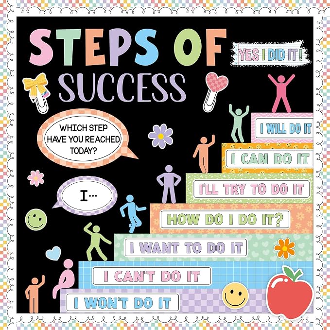 Motivational Bulletin Board Decoration Set Back to School Positive Classroom Decor Steps of Success Paper Cutouts Educational Sayings Accents for School Door Wall Decor Supplies (Composition)