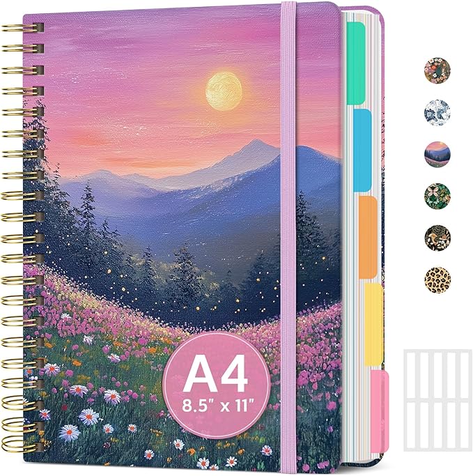 Large Spiral Lined Notebooks for Work with Removable Dividers & Tabs, 8.5"x11" Pretty Hardcover 5 Subject Notebook Journal for Women, College Ruled, Perfect for Study & Office Organization, 280 Pages, Twilight Bloom