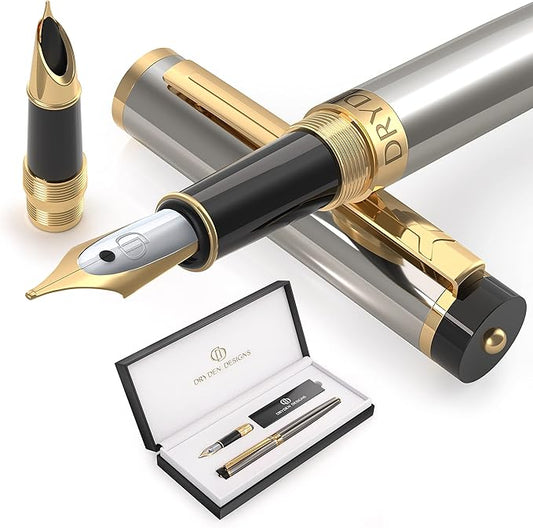 Dryden Designs Fountain Pen - Medium Nib and Fine Nib | Includes Luxury Box, 6 Ink Cartridges - 3 Black 3 Blue and Ink Refill Converter - Metallic Silver