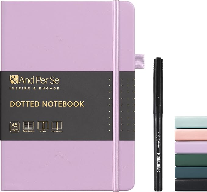 &And Per Se Dotted Journal and Pen Set, A5 Leather Hardcover Dotted Notebook, 160 Pages 100GSM Thick Paper Dot Grid Journal with Fineliner Pen (Purple)