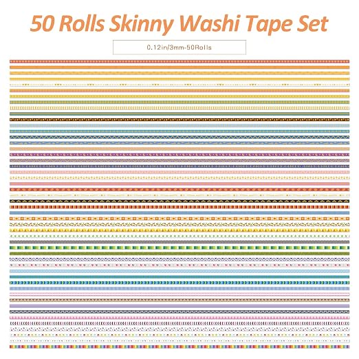 emmoolife 50 Rolls Skinny Washi Tape Set 3mm Wide, Gold Foil Print Masking Thin Basic Patterns Decorative Tapes for Scrapbooking, Junk Journal Supplies, Bullet Journaling, Craft Tape for Women Girl