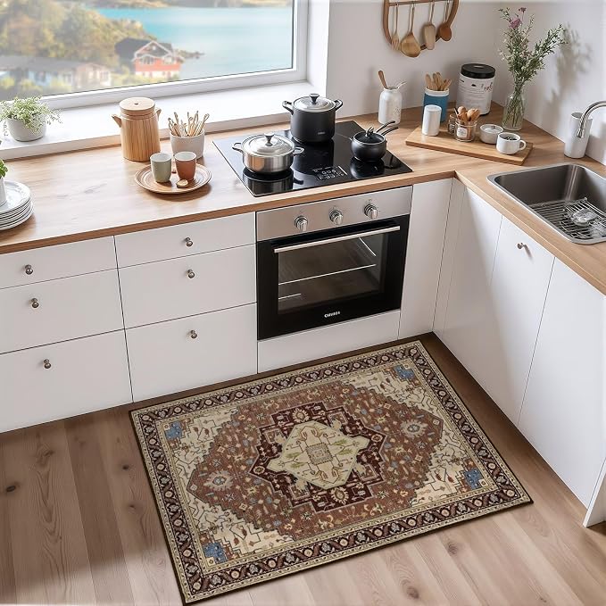 Macgace 2x3 Mousse Brown Small Area Rug for Entryway, Soft Washable Rugs with Non-Slip Backing for Bedroom Kitchen, Vintage Throw Carpet Laundry Entry Front Door Decor