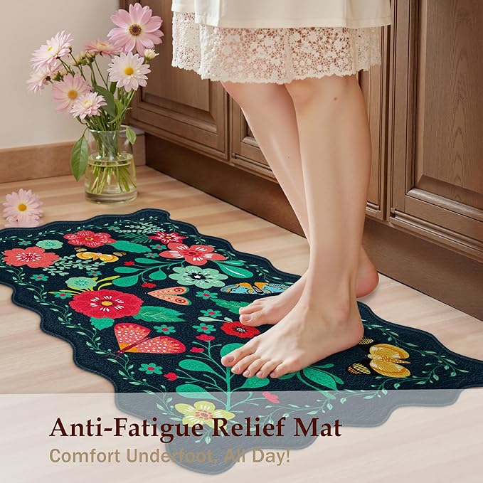 Scalloped Kitchen Mats for Floor 2PC Cushioned Anti Fatigue Kitchen Mats Rugs Waterproof Non Slip Farmhouse Boho Floral Comfort Foam Standing Mat for Sink Laundry, Navy