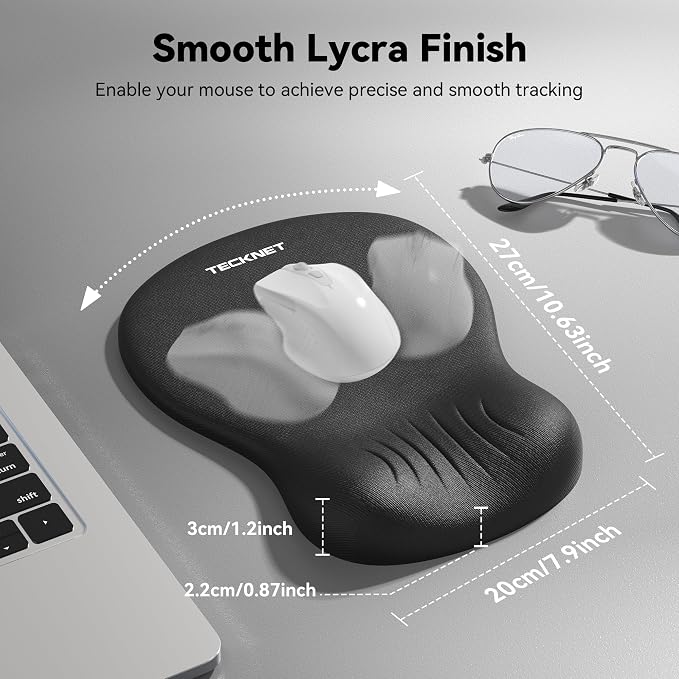 TECKNET Ergonomic Mouse Pad with Wrist Rest, Memory Foam Mousepad with Wrist Support, Smooth Surface, Middle Concave & Non-Slip Base for Laptop/PC, Pain Relief for Home Office Gaming, Black
