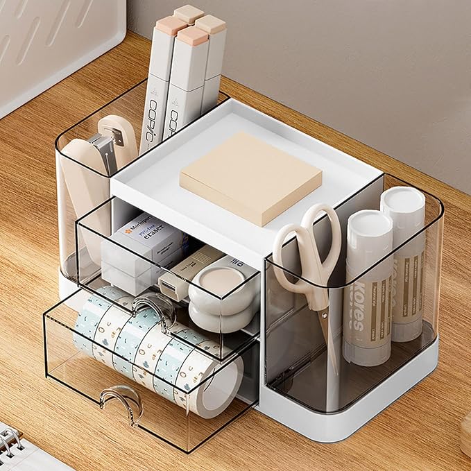 Desk Organizer with Pen Holder and 2 Drawers, Office Organizer, Desktop Organizer for Desk, Office, School, Home (White)