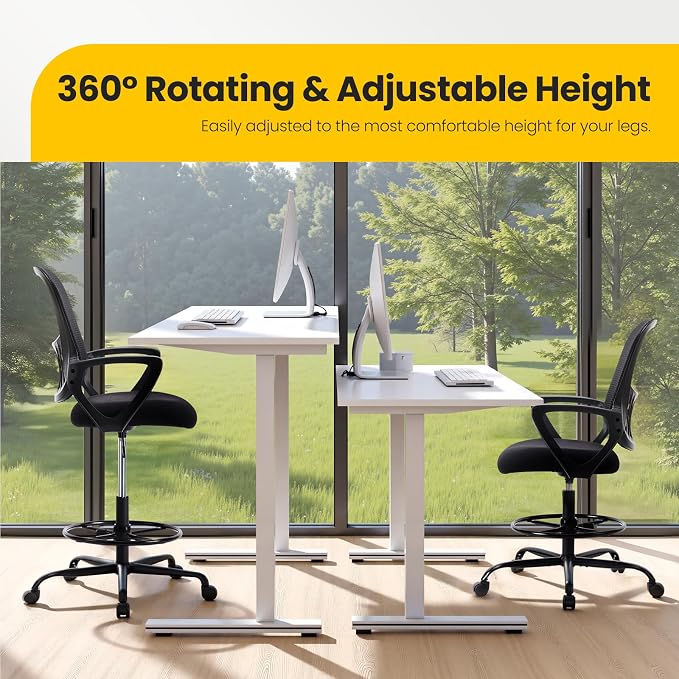 Sweetcrispy Tall Drafting Desk Chair - Ergonomic High Stool Computer with Adjustable Height and Comfy Lumbar Support, Office Rolling Counter with Flixed Arms and Footrest, Dark Black