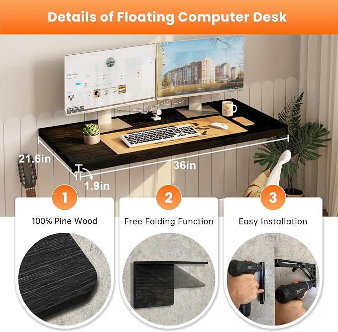 IAE Floating Wall Mounted Folding Table Desk with Pine Wood,36" x 22" Folding Workbench,Fold Down wall Mounted Foldable Table with Shelf Brackets,Laundry Folding Table for Apartment,Home,Kitchen,Black