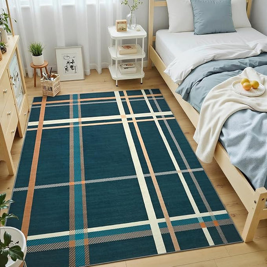 Terrug Plaid Area Rug for Bedroom, Blue 4x6 Checkered Rugs Washable with Non Slip for Living Room, Soft Low Pile Stain Resistance Abstract Carpet for Kids Room