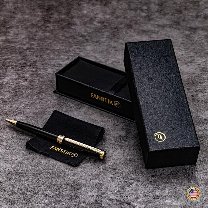 FANSTIK Black & Gold Luxury ballpoint Pen, fancy gift set for women, Real 24K Gold Plating, Professional executive pen gift set for men (Lux BallPoint Black-Gold)